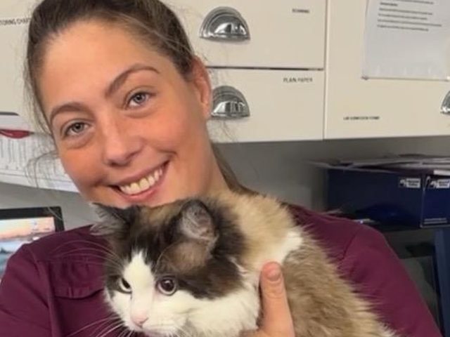 Jade Stechman, student veterinary nurse, holding a cat