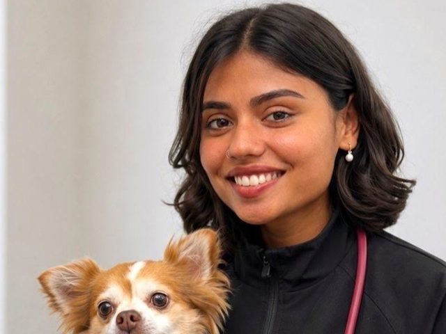 Varisha Ashraf, veterinary surgeon, holding a small dog